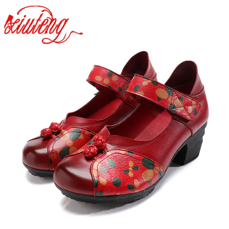 6019-Red Xiuteng/; женские туфли-лодочки из высококачественной натуральной кожи на толстом каблуке; модные летние туфли-лодочки без застежки с бантом - Цвет: 6019-Red