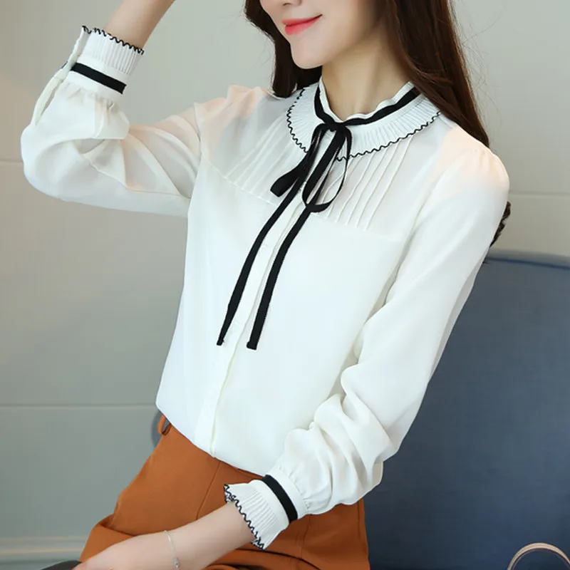 

2019 New Spring Women Tops Chiffon Long Sleeved Blouses Office Lady Bow Shirts Solid Sweet Plus Size Women Clothing 561