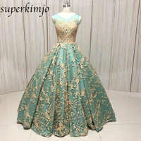 ball gown evening dresses hunter blue v neck lace appliques puffy backless lace up back court train prom dresses real picture