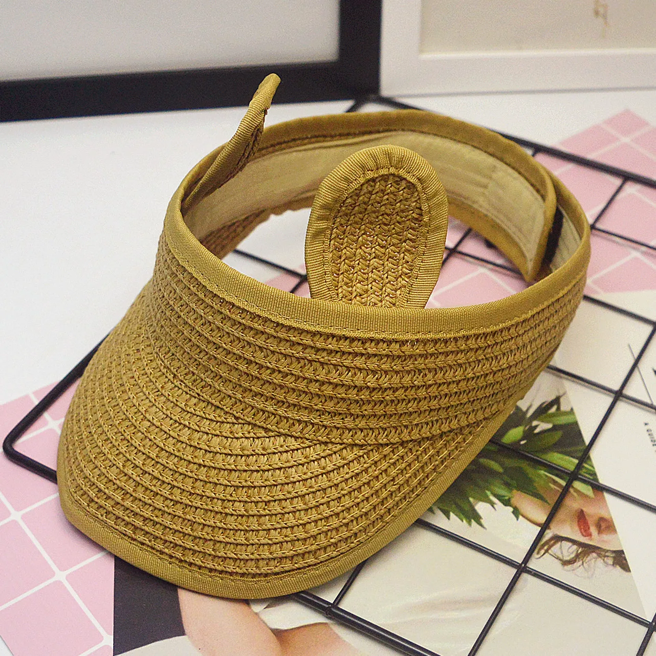 Детская пляжная шапка симпатичные кроличьи ушки, пустая верхняя часть, летняя соломенная шляпа для детей, складная, защита от солнца, шапка для малышей от 1 до 6 лет, оптом.