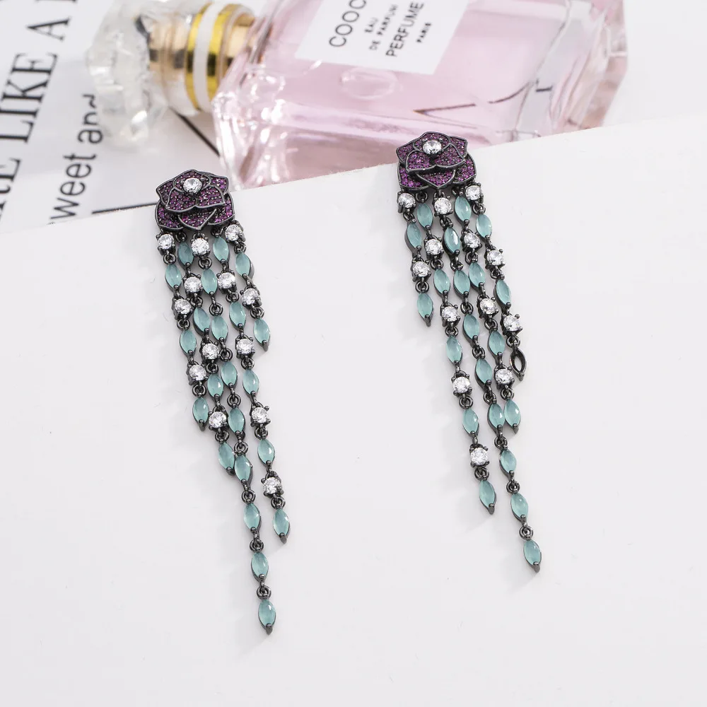 Bilincolor long black gun plated vintage purple rose flower with green tassel earring for women | Украшения и аксессуары
