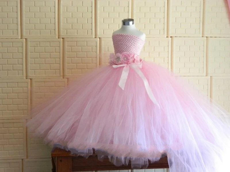 POSH DREAM Pink Flower Girls Wedding Dress with Long Train Belt Kids Birthday Party Tutu Dresses Clothes | Детская одежда и обувь