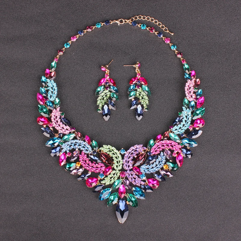 Fashion Indian Bridal Leaf Jewelry Sets Wedding Party Costume Necklace Earrings crystal set of jewellery for Brides Women | Украшения и