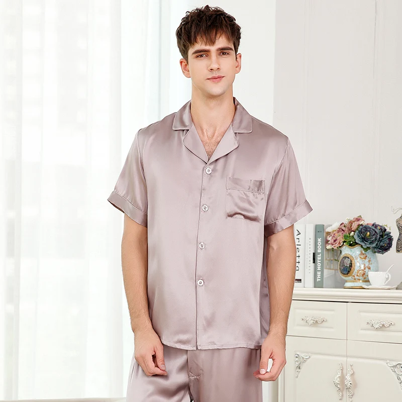 Пижамный комплект Мужской Шелковый однотонный с коротким рукавом и штанами|mens