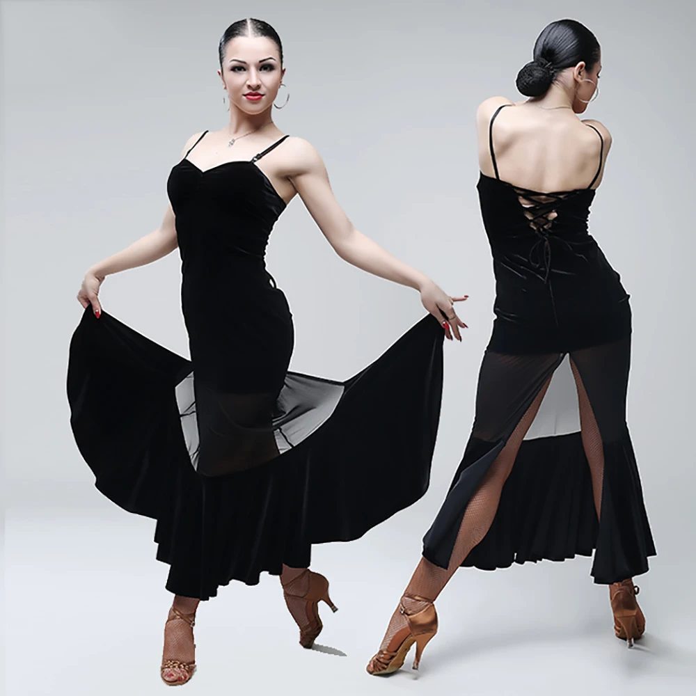 

Sexy Latin Dance Dress For Ladies Black Braces Velvet Sleeveless Skirt Elastic Female Women Square Performer Chacha Dresses B37