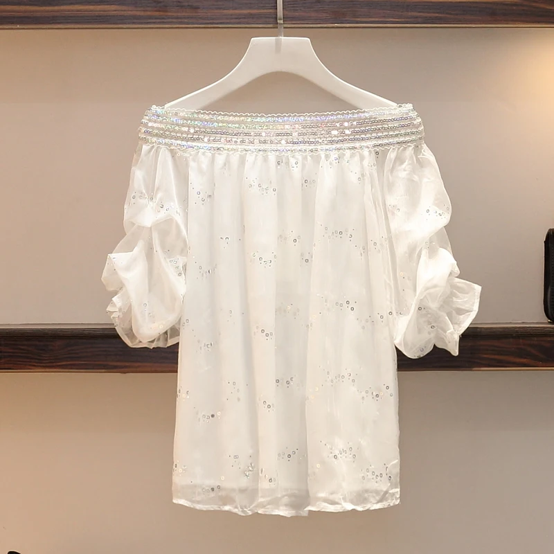 BLLOCUE Для женщин мода Slash шеи рубашка с пайетками Топы + бантом на ремешке Женская