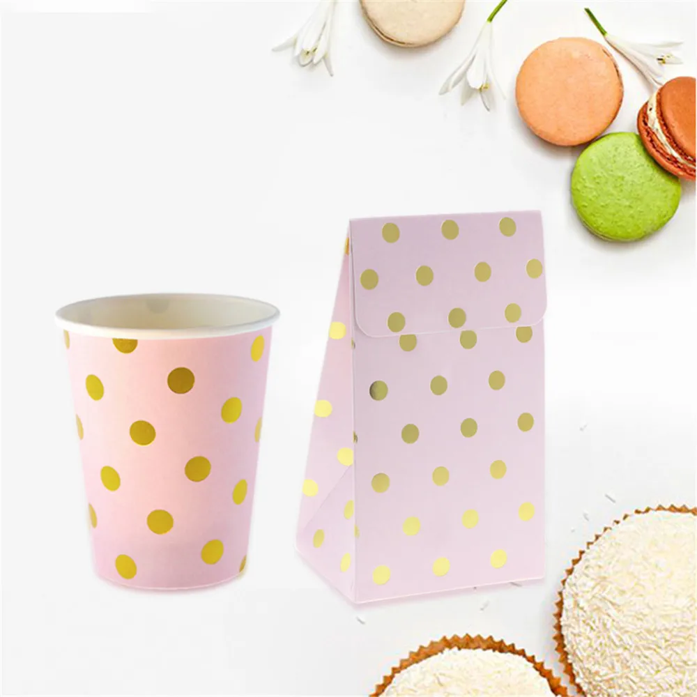 Gold Dot Pink Disposable Paper Tableware Sets Plates Cups Utensils Gift Bags Plate Wedding Birthday Party Decor | Дом и сад
