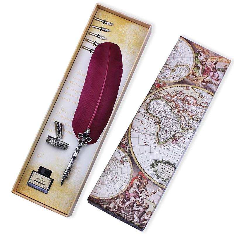 

Continental carved retro Red color Feather Quill Pen, Style Gift Set