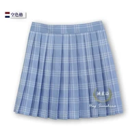 water blue hollow lattice grid womens pleated skirt new high quality plaid high waist uniform skirt