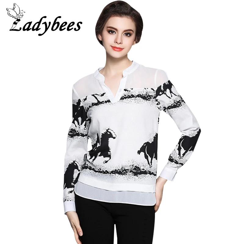 

Willstage Women Chiffon Blouse Shirt Long Sleeve Horse Printed Patchwork Office Ladies Shirt Casual Top 2018 Spring high quality