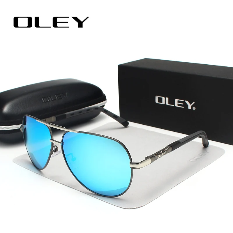 Y8725 Gun Blue OLEY, брендовые, мужские, Ретро стиль, алюминий, поляризационные солнцезащитные очки, классические, пилот, солнцезащитные очки, покрытие линз, оттенки для мужчин/женщин, полный набор, коробка - Цвет линз: Y8725 Gun Blue