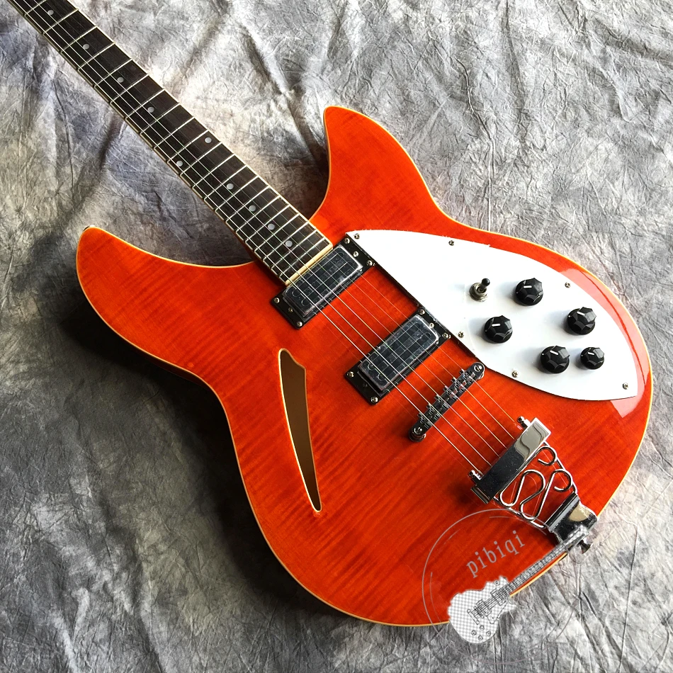 

Free delivery, orange body, semi-hollow body electric guitar, bass system, customizable