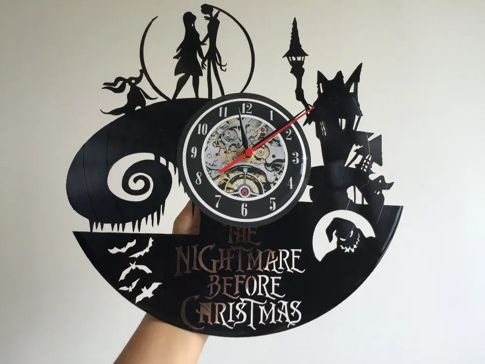 Lovinland Wall Clock Vintage 30cm 12 inch Jack and Sally Nightmare Before Christmas Vinyl Record CD 3D Antique | Дом и сад