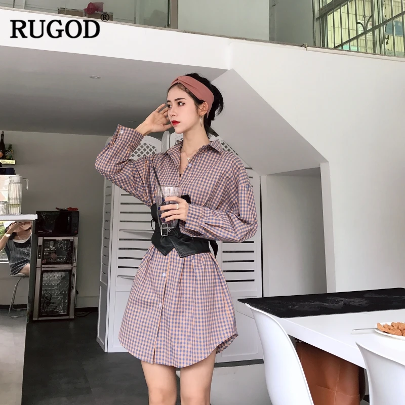 Женская длинная клетчатая рубашка RUGOD модная Повседневная с отложным воротником