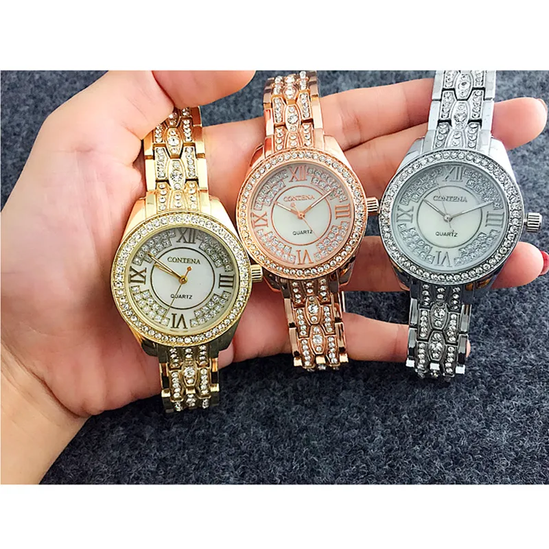 

New Geneva Luxury Rhinestone Full Alloy Wristwatches Female CONTENA Fashion Brand Golden Diamond Metal strap Ladies Quartz-Watch