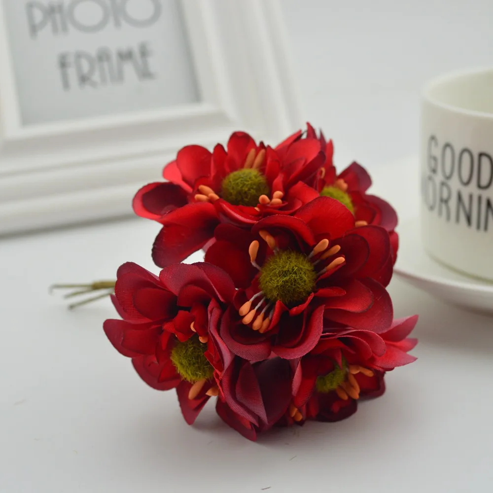 

6pcs 6cm Artificial Flower cheap for home Wedding car Decoration fake daisy DIY Bride handwork Wreath Silk Cherry Stamens
