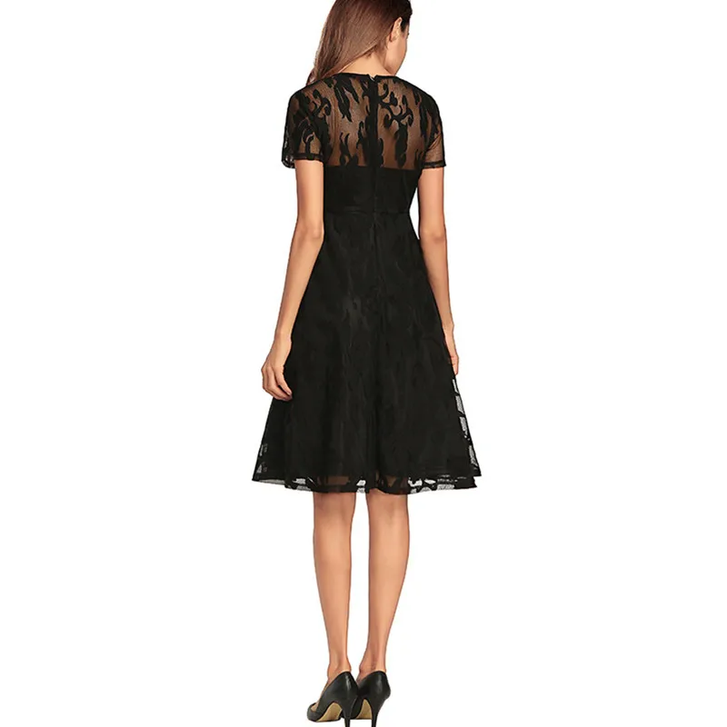 Женское кружевное платье с коротким рукавом плиссированное круглым вырезом