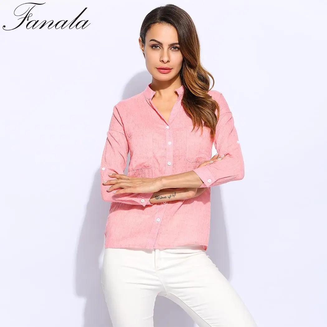 Autumn Cotton Shirt 2018 Women Spring White Shirts Office Wear V-Neck Slim Blouse Tops Female Blusas Plus Size |