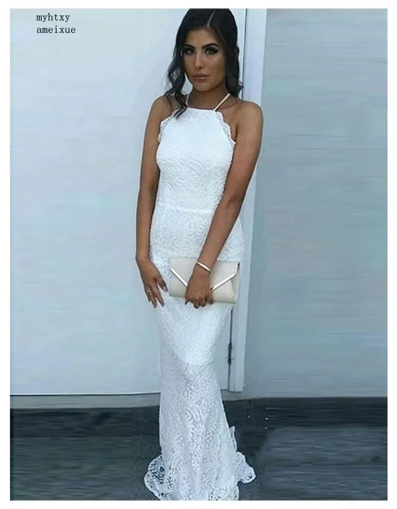 

2020 недорогое свадебное платье русалки с лямкой на шее, белое сексуальное неформальное женское платье невесты, изготовленное на заказ свадебное платье