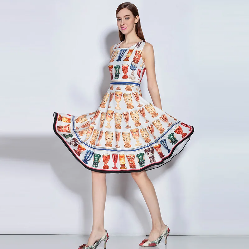 Женское платье с круглым вырезом элегантное без рукавов разноцветным принтом