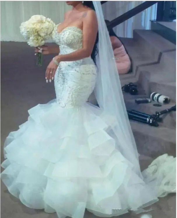 Sexy Mermaid Wedding Dresses With Beads Sequins Layered Organza Skirt Plus Size Count Train Shinning Zipper Back Bridal Gown | Свадьбы и