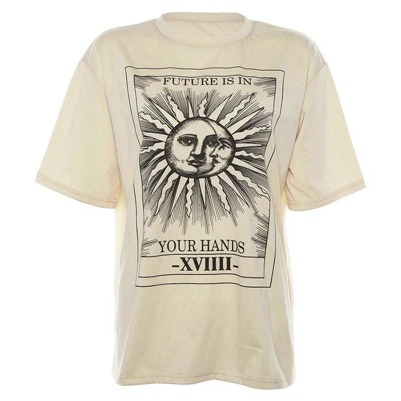 kuakuayu HJN The Future Is In Your Hands Sun And Moon Print Beige T-Shirt Vintage Fashion Grunge Style Tee Aesthetic Shirt