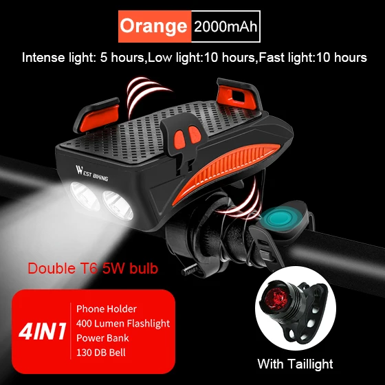 2000 mAh Orange Set WEST BIKING держатель для телефона на велосипед, светильник-рожок, перезаряжаемый светильник-вспышка, внешний аккумулятор, держатель для телефона для iPhone, держатель для сотового телефона - Color: 2000 mAh Orange Set