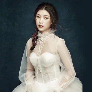 Модные свадебные куртки и накидки с высоким воротником и длинным рукавом Тюлевая Свадебная накидка 2019 Весна новое поступление