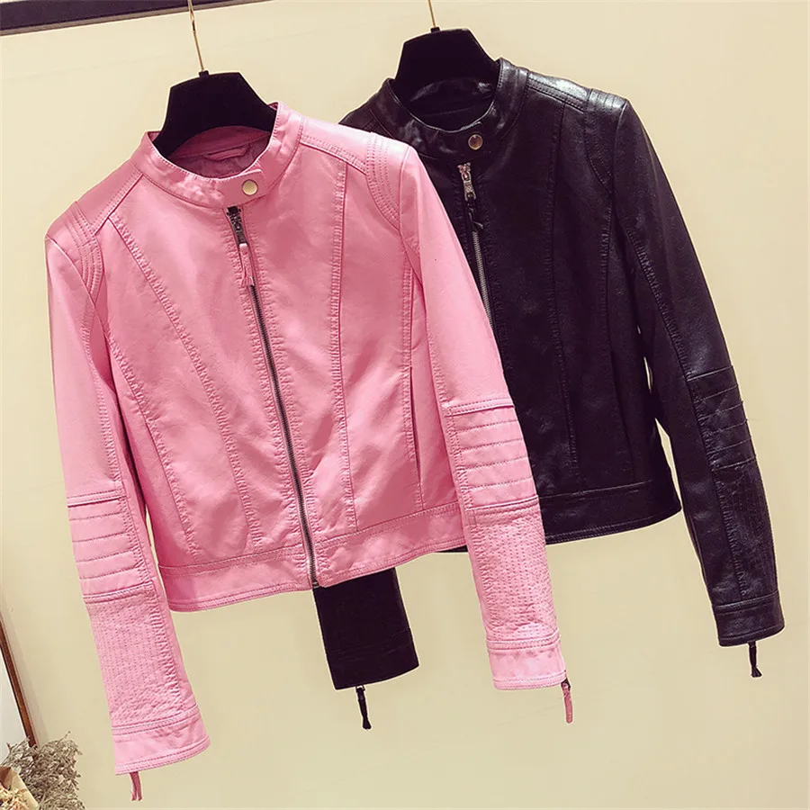 DANCING WINGS Spring Fall Women's Short PU Leather Motorcycle Jackets Pink Black