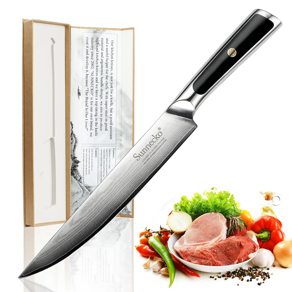 

2018 Sunnecko 8" Slicing Damascus Kitchen Knife Japanese VG10 Core Steel Razor Sharp Blade G10 Handle Cooking Slicer Knives