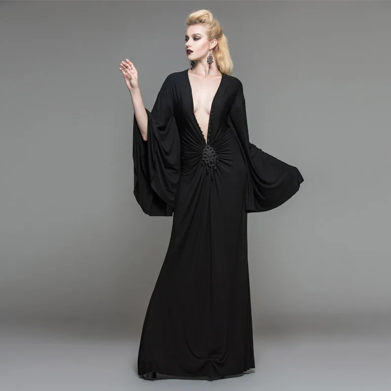 

2020 Devil Fashion Goth Women Softer Dress Visual Kei Steampunk Deep V Floor-Length Dress Sexy Stretch Long Dress