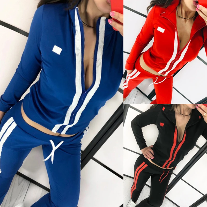 Sfit Женские повседневные комплекты из 2 предметов, полосатые облегающие спортивные костюмы, спортивные костюмы, топы с длинными рукавами, штаны, спортивные костюмы, спортивная одежда