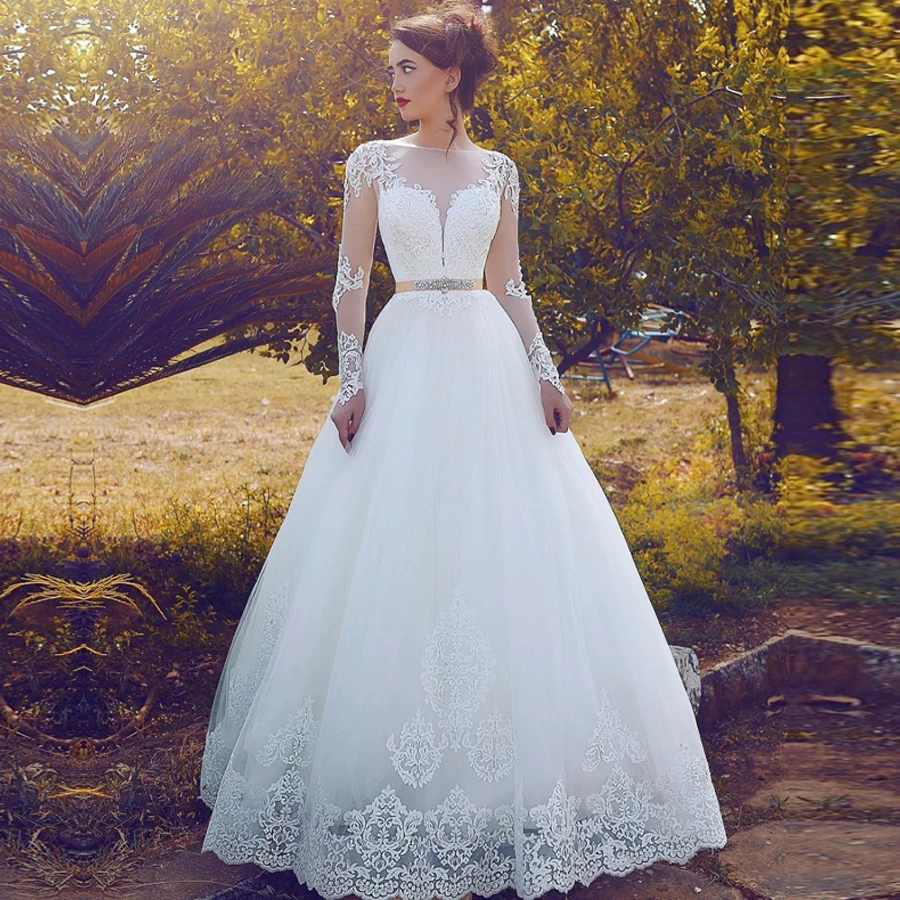 

Long Sleeve Wedding Dress Appliques Lace Bridal Gowns Sashes Wedding Dresses Custom Made Sashes Vestido De Novia