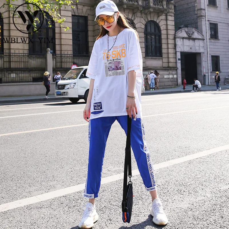 Модный женский комплект 2 шт. с принтом футболка короткими рукавами топы брюки