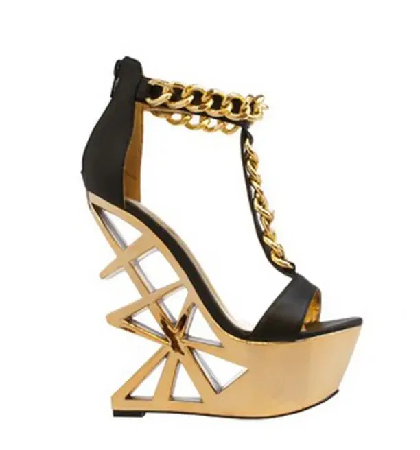

newest cutout gold metallic heels woman sandal strange style t-strap wedge sandal open toe chains decorations gladiator sandal
