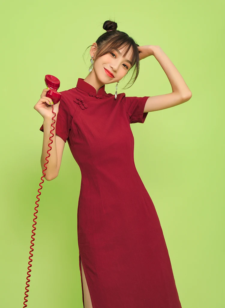 SWEETXUE Red Elegant Cheongsam Summer Sress Vintage Stand Collar Buckle Solid Color Midi Dresses Women Vestidos Femme