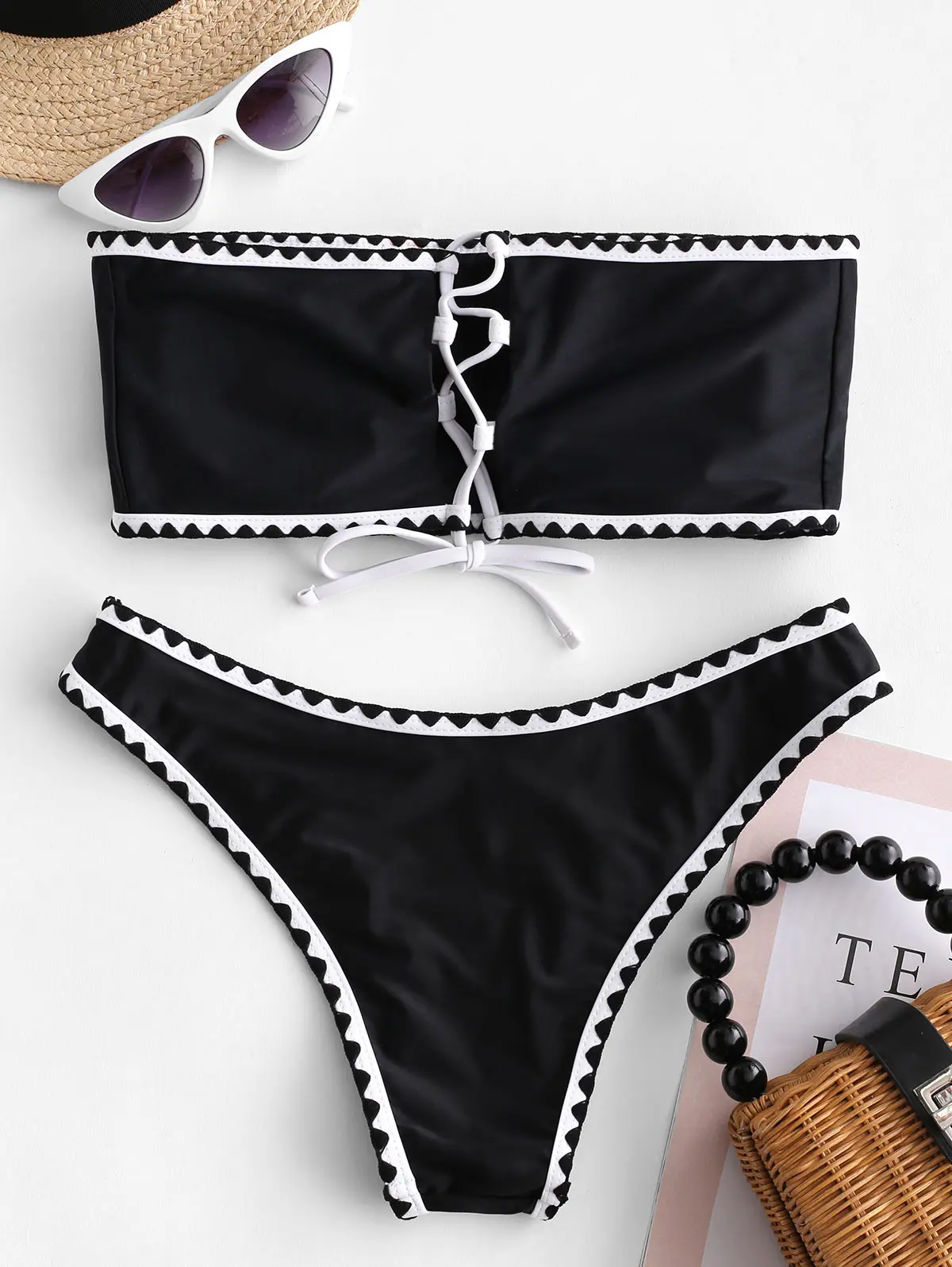 ZAFUL Bikini Embroidered Trim Lace Up Strapless Bikini Push Up Swimwear Sexy Swimsuit Bathing Suit Women Holiday Swimming Bikini
