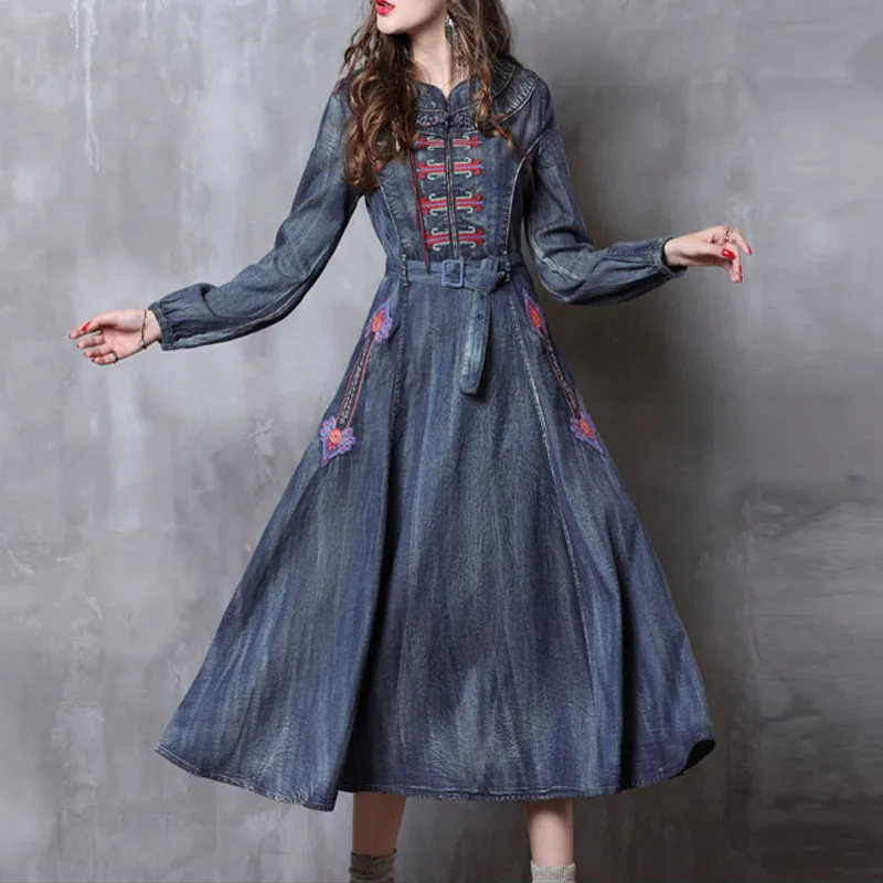

Free Shipping 2021 New Fashion Denim Dresses Women Long mid-calf Plus Size S-XL Vintage Chinese Style Jeans Embroidery Dresses