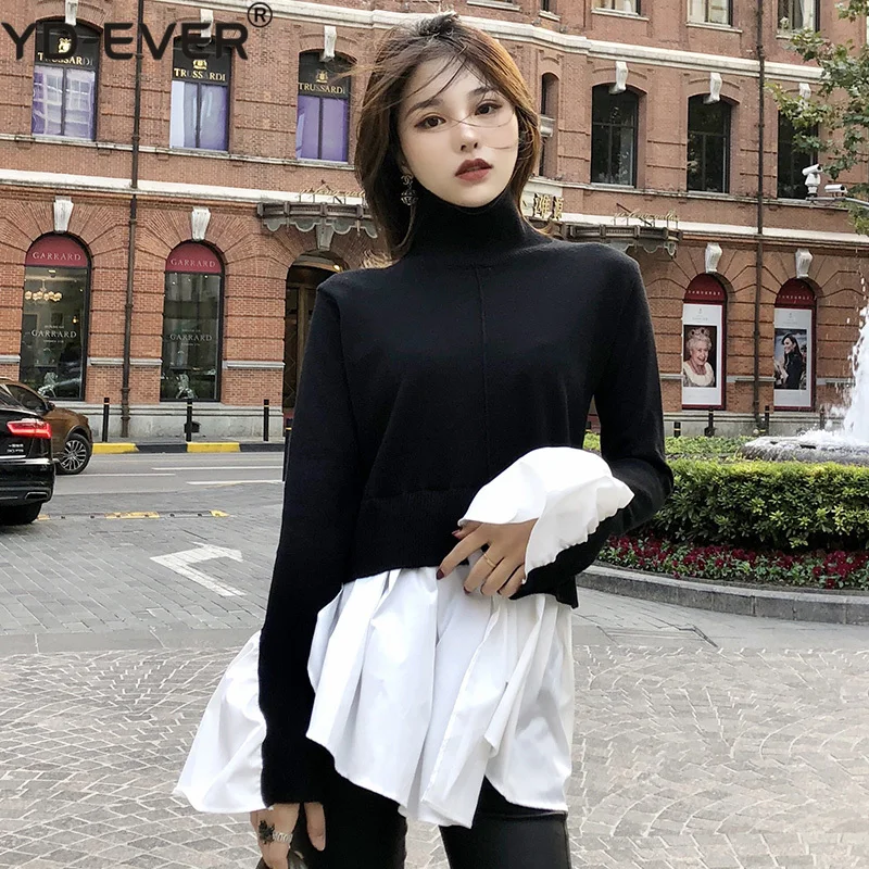 Fake 2 piece Women Sweater Shirts 2019 Spring Turtleneck Flare Sleeve Knitted Pullovers Patchwork White Blouse Irregular Top | Женская