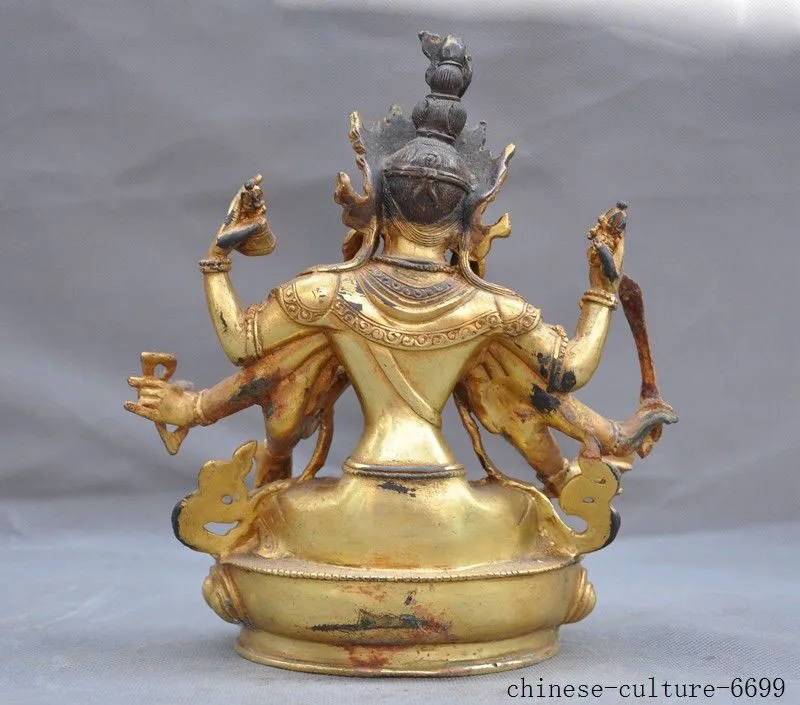 

wedding decoration 8" Tibet Buddhism bronze Gilt 8 Arms tara Kwan-Yin Guanyin goddess Buddha statue