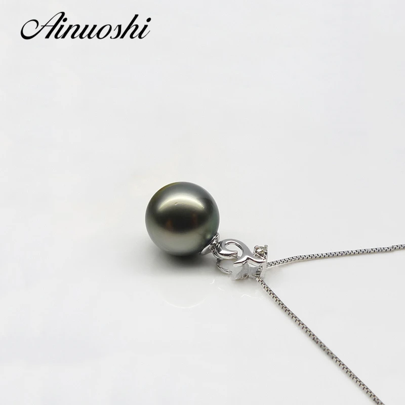AINUOSHI Природный таитянская Черная жемчужина 9 5-10 м кулон ожерелье со звеньями 925