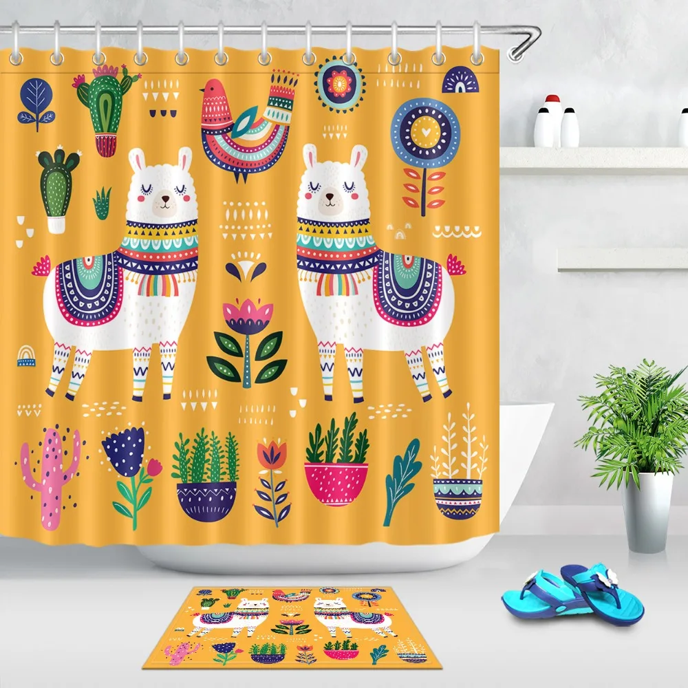 Этническая ламы птица цветок кактус Душ шторы с коврики Альпака Boho ванная комната водостойкий полиэстер ткань для детей Ванна Декор