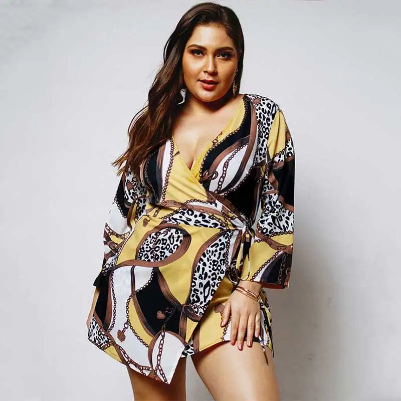 Женское платье большого размера с цветочным принтом весеннее плюс глубоким v