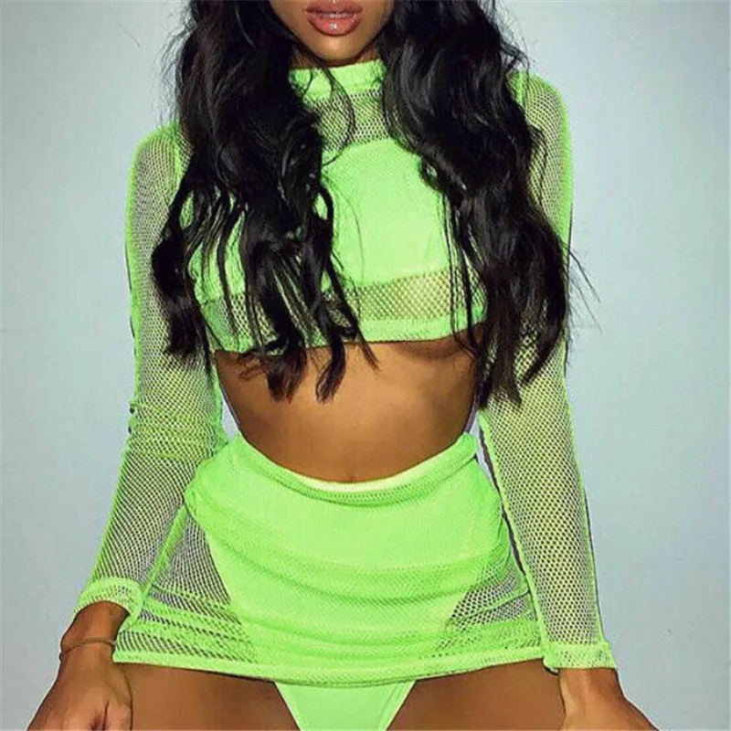 Женская прозрачная Сетчатая футболка с длинными рукавами зеленые кружевные топы