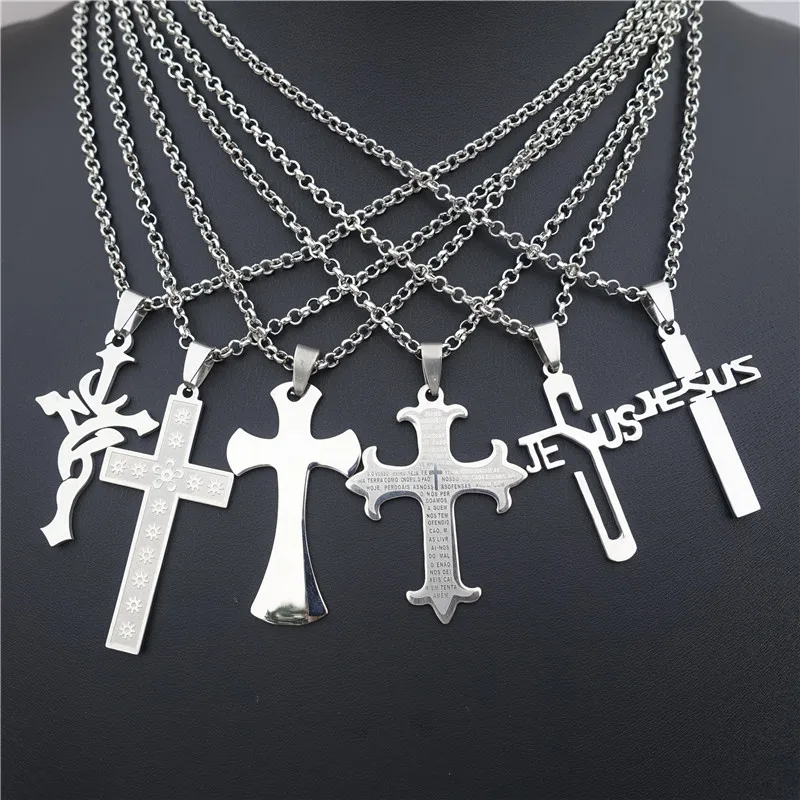 

Cross Necklace Bible Verse JESUS Christian Faith Scripture Religious Stainless Steel Pendant 12 pcs/lot Mix Styles Wholesale