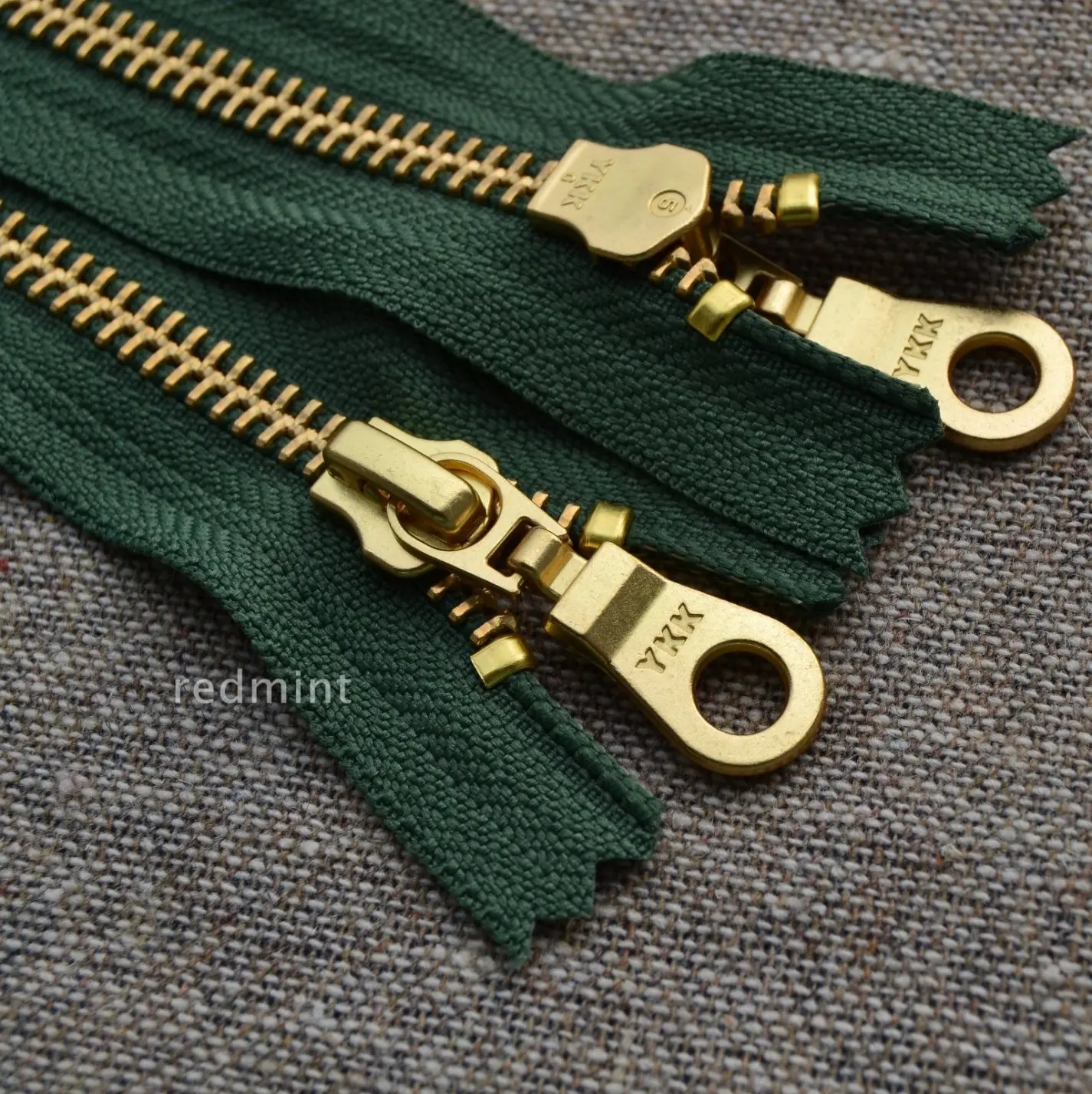 

5 gold copper closed tail dark green belt YKK metal zipper leather bags clothing shoes and boots