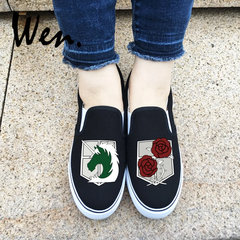 

Wen White Black Slip On Canvas Shoes Design Military Police Regiment Logo Attack on Titan Stationed Corps Unisex Sneakers JH01