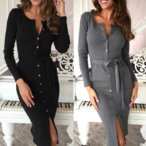С длинным рукавом трикотажные Сексуальная Bodycon Платье осень-зима оболочка Платья