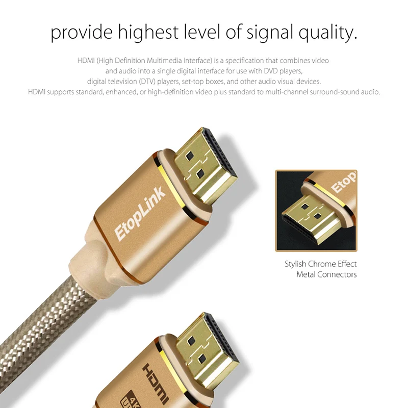 EtopLink Золотой HDMI кабель 2,0 HDMI к HDMI кабель 4K HDMI адаптер 3D для PS3 проектор HD lcd Apple tv компьютер 1 м 1,8 м 3 м 5 м 10 м