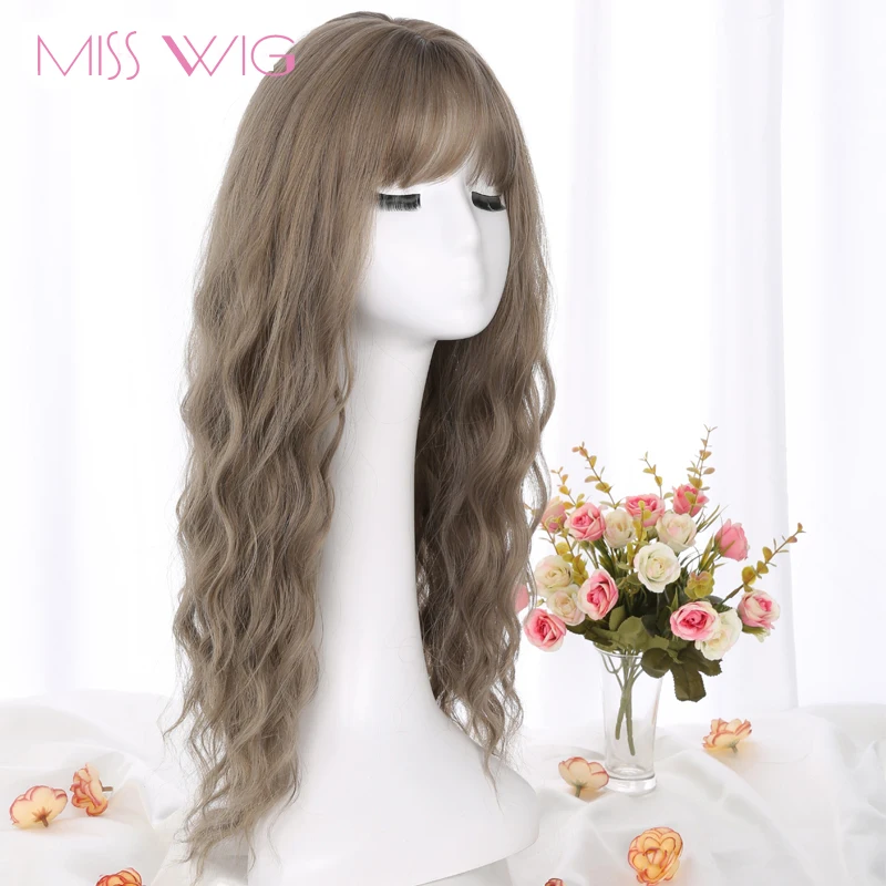 Длинные Серые и коричневые женские парики MISS WIG с челкой термостойкие